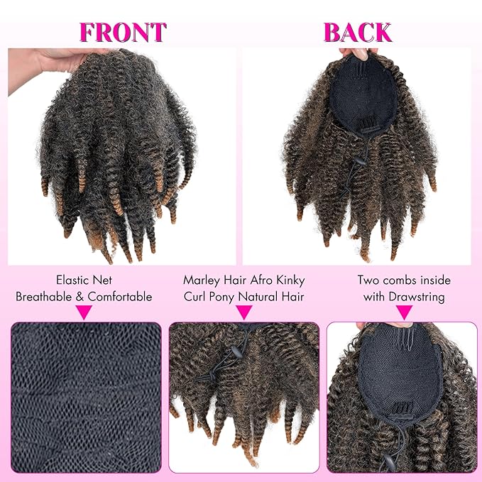 Short Marley Hair Drawstring Ponytail - Ombre Light Brown 4C Afro Puff Bun Ponytail Synthetic Braiding Hair Afro Kinky Curl Pony Tail Hairpiece for Black Women - T27# Ombre Brown, 12"