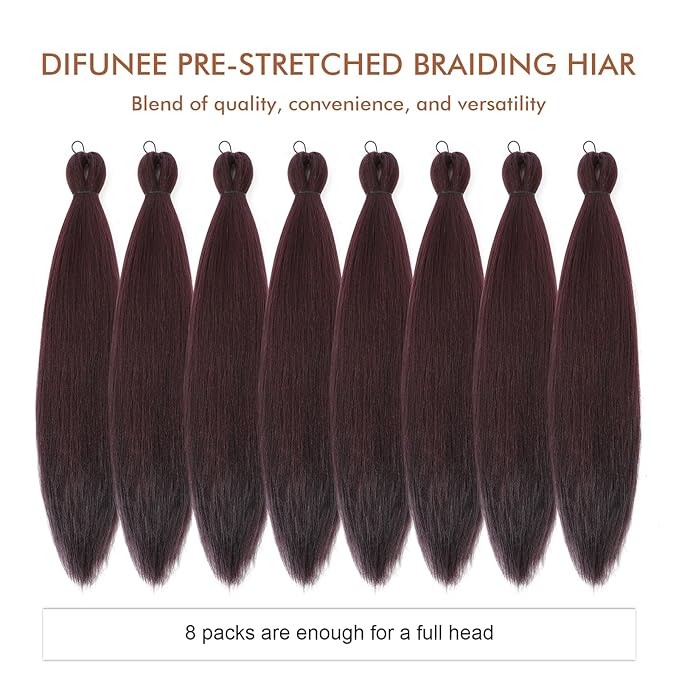 Pre-stretched Braiding Hair - 16 Inch 8 Packs Burgundy Braiding Hair For Twist or Box Braids, Yaki Texture Hot Water Setting Synthetic Short Braiding Hair Extensions (16 Inch, 99J-8P)