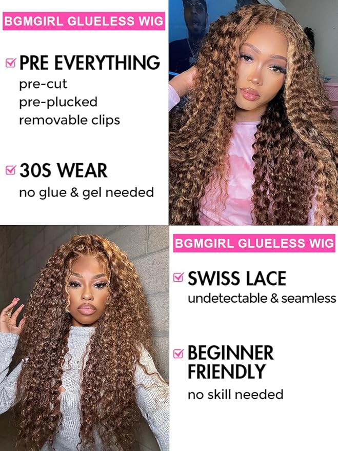 BGM GIRL Highlight Glueless Wig Human Hair 7x5 HD Lace Water Wave Wig 4/27 Color 180% Density Pre Plucked Invisible Knots Pre Cut Lace Wear Go Deep Wave Wigs for Women Beginner Friendly 18 Inch