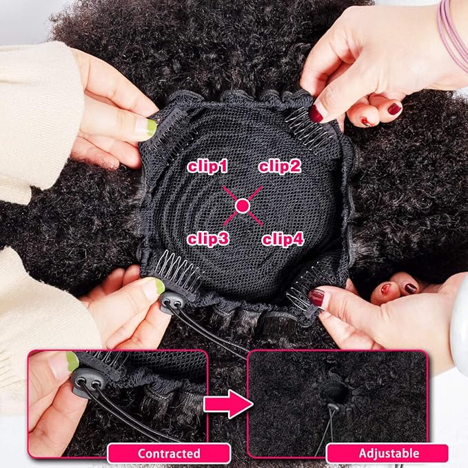 wenyu Afro Puff Drawstring Ponytail Human Hair Bun For Black Women 8A Brazilian Virgin Afro Kinky Curly Clip In Ponytail Extension Human Hair Pieces Natural Color (8 Inch, Drawstring Ponytail)