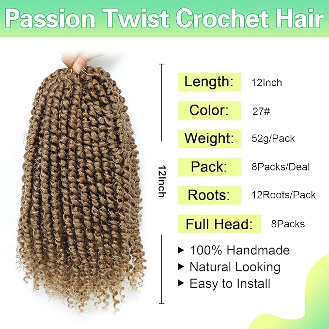 Passion Twist Crochet Hair 12Inch Passion Twist Hair 8 Packs Pre-Twisted Passion Twist Crochet Hair for Black Women Soft Passion Twist Curly Crochet Hair 12"(Pack of 8) 27#