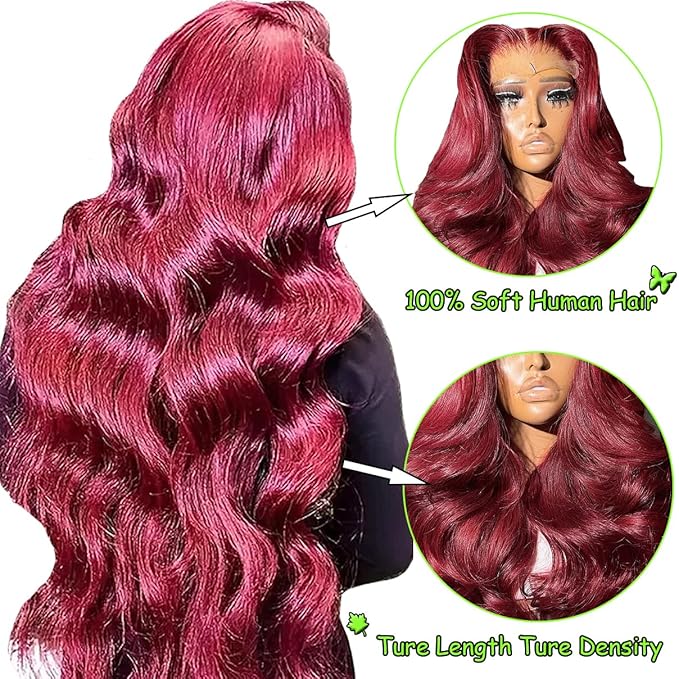 28 Inch 99j Burgundy Lace Front Wigs Human Hair Glueless Wine Red Colored Body Wave Wigs Pre Plucked with Baby Hair 180 Density 13x6 HD Transparent Frontal Wigs for Women