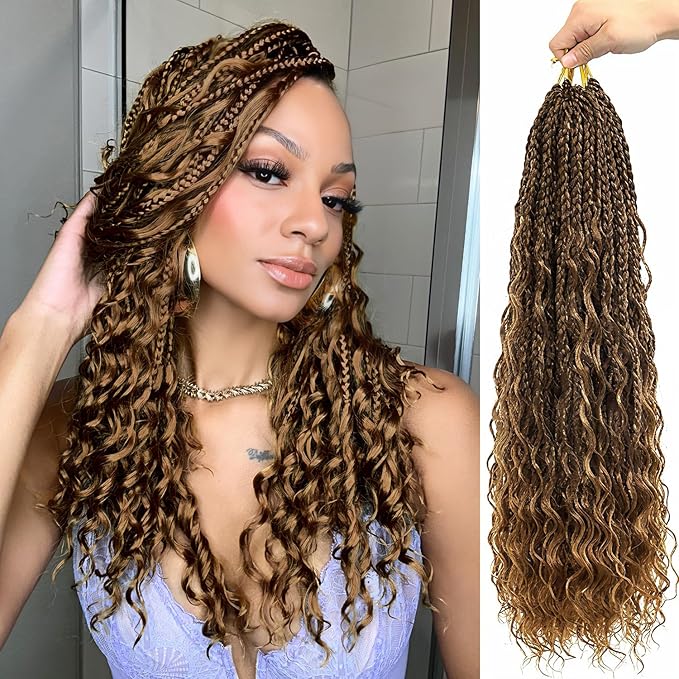 Eacia Goddess Box Braids Crochet Hair 18 Inch 7 Packs Pre Looped Crochet Hair with Curly Ends Short Boho Box Braids for Women(18 Inch, M33/30/27#)