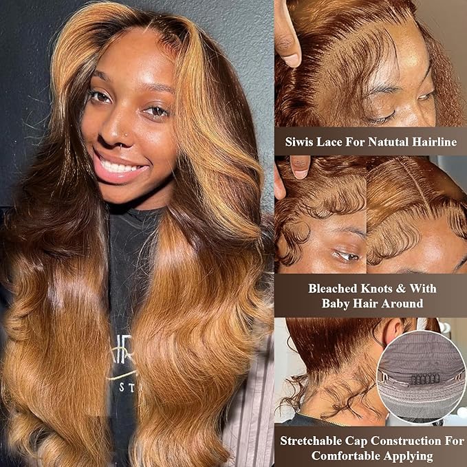 MEGOOD 13x6 Honey Blonde Wig Human Hair Pre Plucked 250% Density 13x6 HD Transparent Body Wave Lace Front Wigs Human Hair 4/27 Colored Ombre Lace Front Wig Human Hair Brazilain Virgin 28Inch