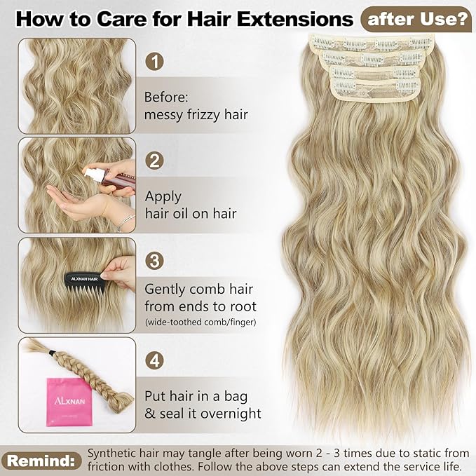 ALXNAN Clip in Long Wavy Synthetic Hair Extension 24 Inch Dirty Blonde 4PCS Thick Hairpieces Fiber Double Weft Hair for Women