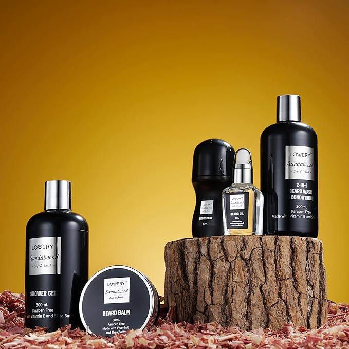 Gifts for Men, Mens Body And Wash Gift Set Beard Kit and Body Care, Unique for Dad Sandalwood Spa Baskets, Bath and Beard Grooming Kit, Gifts for Husband Him Beard Balm Growth Oil