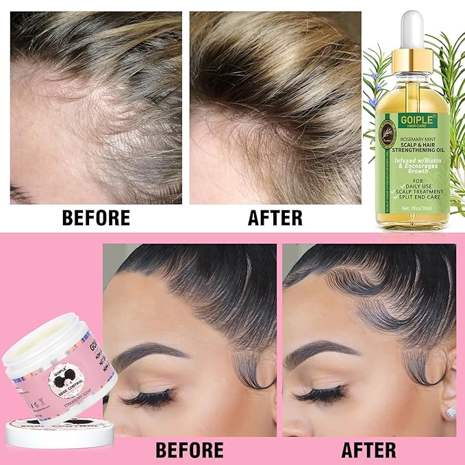 Edge Control Wax Strong Hold Non-greasy Hair Styling Gel - Edge Wax No Flaking Edge Control for Black Hair Edge Wax for Women Rosemary Hair Oil for Hair Growth Edge Brush Hair Braid Bonnet(7pcs)