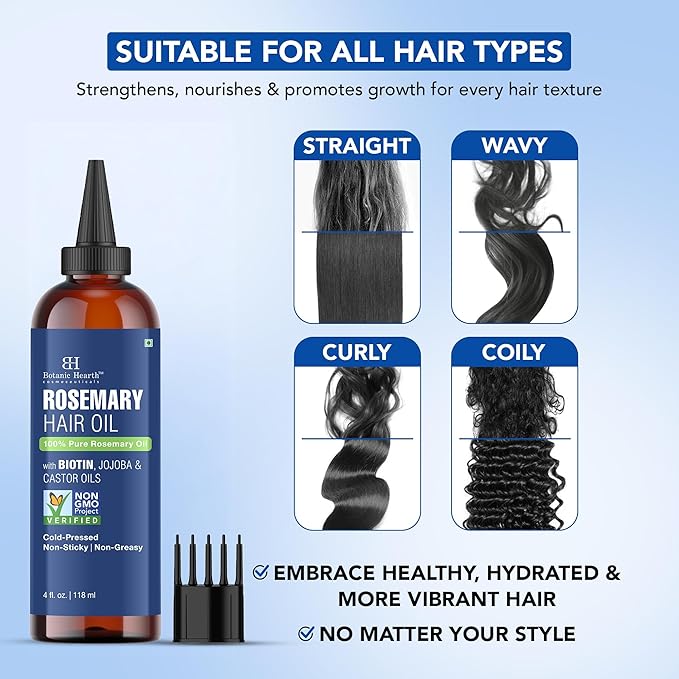 Botanic Hearth Hair Oil for Hair Growth | Rosemary Oil for Hair Growth with Biotin, Castor & Jojoba | Scalp Oil & Dry Scalp Treatment | Color Safe | All Hair Types | 4 Fl Oz