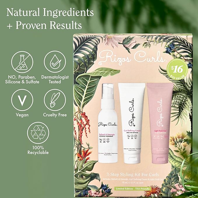 Rizos Curls 3-Step Styling Kit - Define, Style, Hold with Curl Defining Cream, Light Hold Gel & Refresh Spray – Enhances Shine, Moisture & Frizz Control for All Curl Types 2c–4c – Sulfate Paraben Free