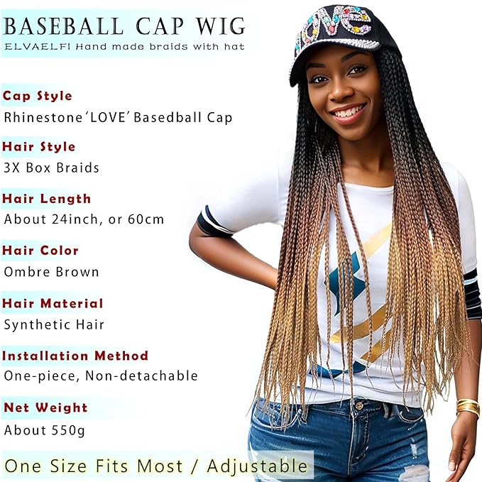 24" Box Braid Hair Extensions 100 Strands Gradient Brown, Rhinestone 'LOVE' Cap Wig for Women Girls Easy Style