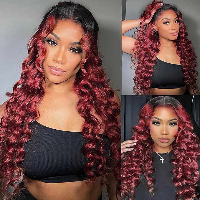Loose Wave Bundles With Closure Burgundy Color Human Hair Loose Deep Wave Brazilian Virgin Hair 3 Bundles With 4x4 Lace Closure 1B99j Ombre Human Hair Bundles 70g/Bundle (24 26 28+22)
