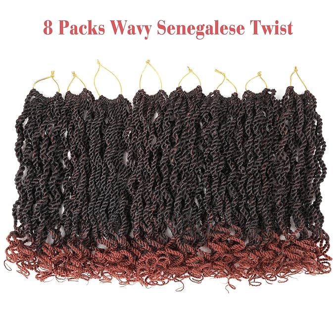 Leeven 18 Inch Senegalese Twist Crochet Hair with Curly Ends 8 Packs Ombre Copper Red Pre Looped Wavy Crochet Braids for Kids Women Ginger Pre Twisted Small Hanava Twist Synthetic Braiding Hair