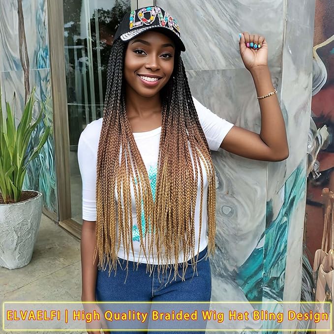 24" Box Braid Hair Extensions 100 Strands Gradient Brown, Rhinestone 'LOVE' Cap Wig for Women Girls Easy Style