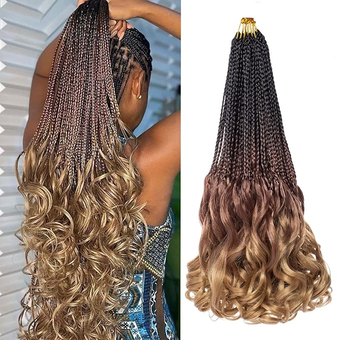 9 Packs French Curl Crochet Braids 18 Inch Ombre Brown Honey Blonde Goddess Box Braids Pre Looped Crochet Hair Synthetic Bouncy French Curly Braiding Hair for Women