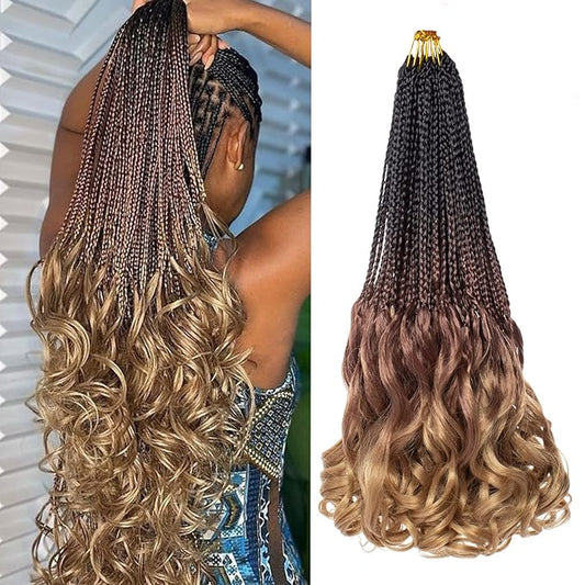 9 Packs French Curl Crochet Braids 18 Inch Ombre Brown Honey Blonde Goddess Box Braids Pre Looped Crochet Hair Synthetic Bouncy French Curly Braiding Hair for Women