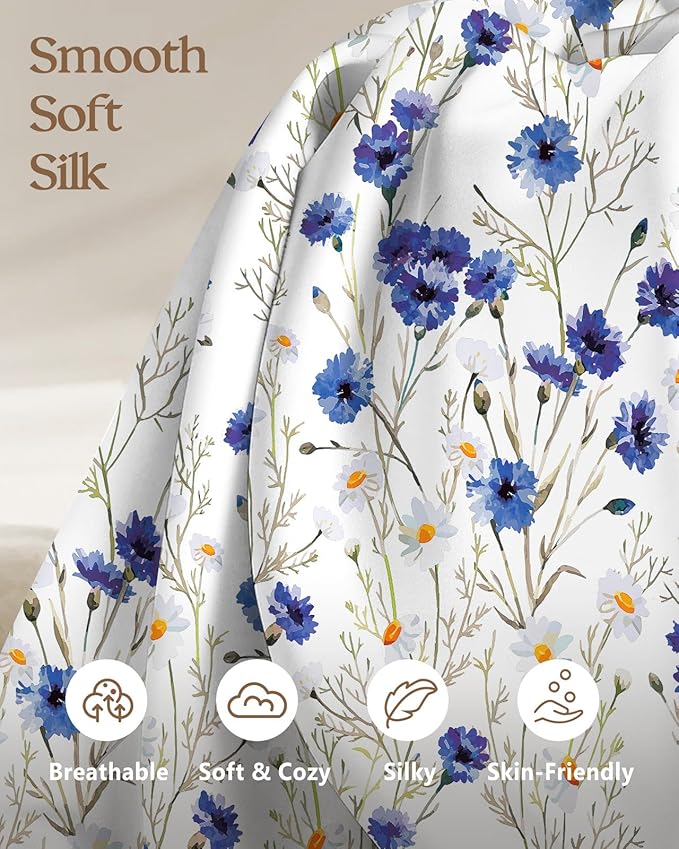 Silk Pillowcase 2 Pack - Pillow Cases 20" x 36" King Size Set of 2 for Hair and Skin Smooth Soft Breathable with Hidden Zipper Cooling Pillow Covers for Sleeping, Blue Daisy