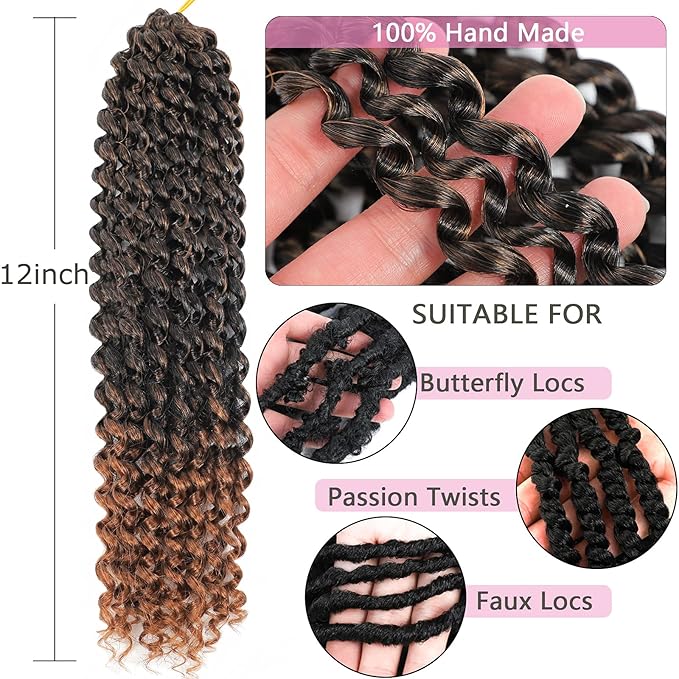 Short Passion Twist Hair 12 Inch 8 Packs Water Wave Crochet Hair Braiding Hair Bohemian Spring Twist Hair Crochet Braids Synthetic Hair Extension (12 Inch, T30)