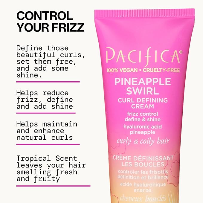 Pacifica Pineapple Swirl Curl Defining Cream – Curl Cream for Curly Hair, Curly Hair Products with Coconut Oil and Hyaluronic Acid, Styling for Bouncy Waves Without Crunch - 4 Oz | for Curly Hair, 4 oz, Frizz Control, Curl Enhancer, Styling Cream