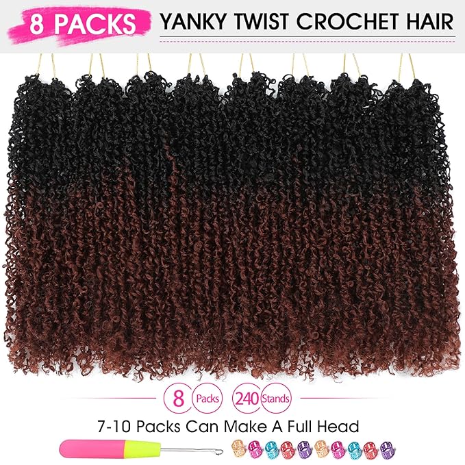NAYOO 12 Inch Yanky Twist Crochet Hair - 8 Packs (30 Stands/Pack) Mini Passion Twist with Curly Ends Synthetic Pre-Looped Crochet Braids Braiding Hair(12 Inch, T350)