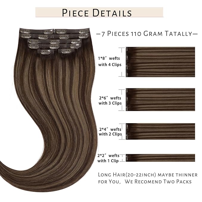 Caliee Seamless Clip in Hair Extensions Remy Human Hair 7 Pcs Ultra Thin PU Skin Weft Balayage Hair Extensions Clip ins R2-2-6 Chestnut Brown Mixed Dark Brown 14 Inch 110G