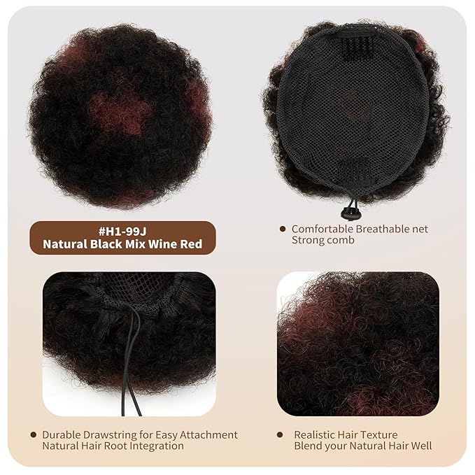 Baby Small Afro Puff Drawstring Ponytail Real Human Hair for Black Women Natural Short Kinky Curly Ponytail Extension African American Fake Bun 4c Children's Gifts Natural Black Mix Wine Red