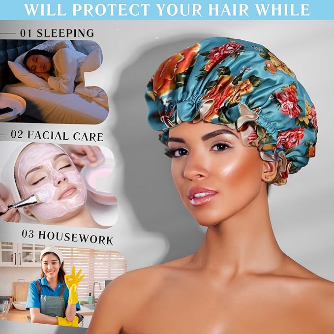 100% Mulberry Silk Bonnet for Women – Handmade in USA, 19 Momme Double-Layer Reversible Hair Wrap, Non-Slip Sleep Cap for Curly & Natural Hair, Luxury Hair Protection (Blue Peonies)