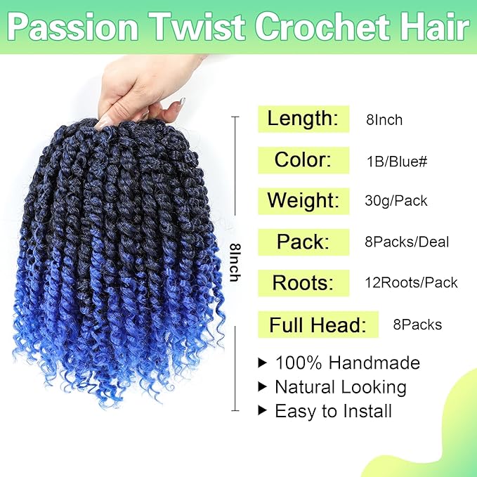Passion Twist Crochet Hair 8Inch Passion Twist Hair 8 Packs Pre-Twisted Passion Twist Crochet Hair for Black Women Soft Passion Twist Curly Crochet Hair 8"(Pack of 8) Tblue
