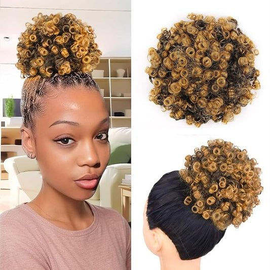 Afro Puff Ponytail for Black Women Culy Wavy Short Drawstring Ponytail Hair Extension Synthetic Mini Afro Bun(1B-27#)