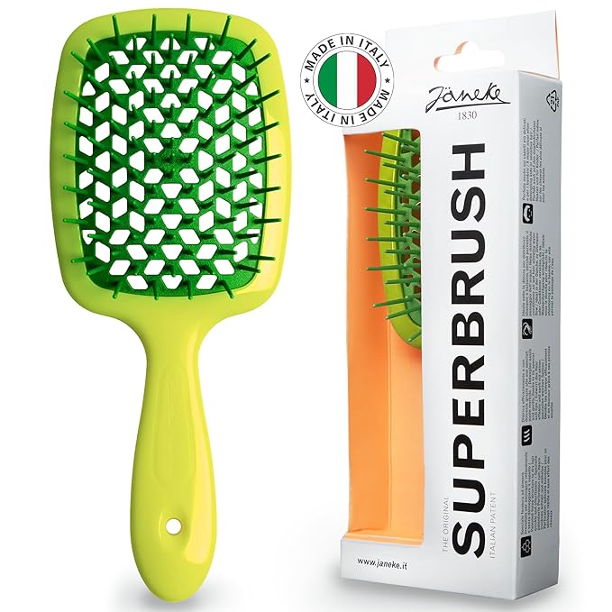 Janeke Superbrush Detangling Brush for Soft Smoothing Hair Brushing with Anti-Static Bristles - Vented Wet Hair Brush for Blow Drying Use - Perfect for Curly, Thick, Wavy, Fine Hair Types (Lime)