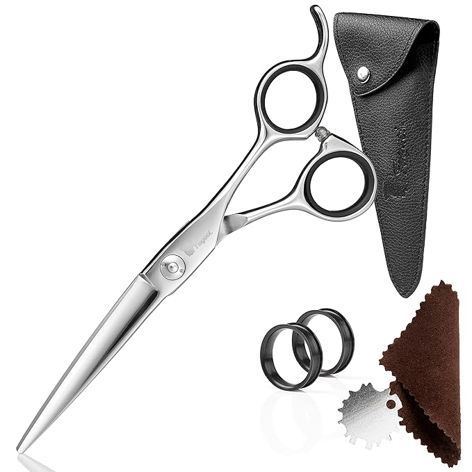 Professional Hair Scissors 6 Inch Off Set with Extremely Sharp Blades, 440C Steel Hair Cutting Scissors, Durable, Smooth Motion & Fine Cut, Barber Scissors with Elegant Sheath, Cleaning Leather & Key