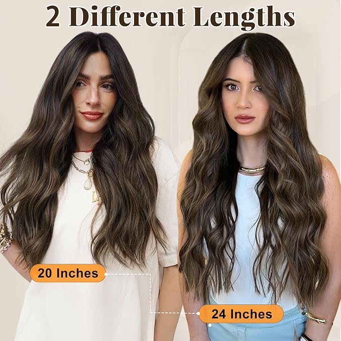 ALXNAN Clip in Hair Extensions for Women,Chocolate Brown with Dark Brown Long Wavy Hair Extensions Clip Ins 4PCS 20 Inch Synthetic Soft and Natural Thick Hair Pieces for Women