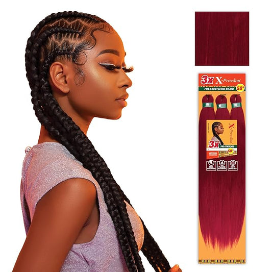 Sensationnel X-pression prestretched braiding hair - 3x braid 58 inch all kanekalon flame retardant synthetic braid for box braids and twists (2 pack, BG BURGANDY)
