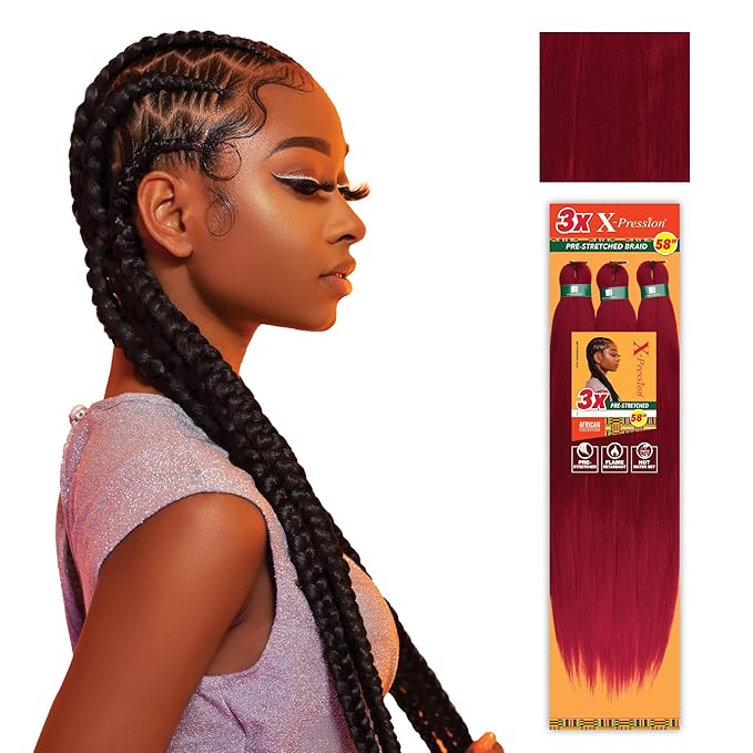 Sensationnel X-pression prestretched braiding hair - 3x braid 58 inch all kanekalon flame retardant synthetic braid for box braids and twists (3 pack, BG BURGANDY)