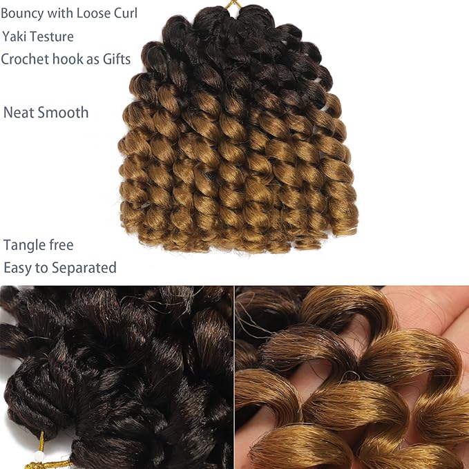 100 Strands Short Jamaican Bounce Crochet Hair Brown Ombre 5 Packs 2X Ringlet Wand Curl Crochet Hair 8 Inch Curly Crochet Hair Extensions Curly Crochet Braiding Hair