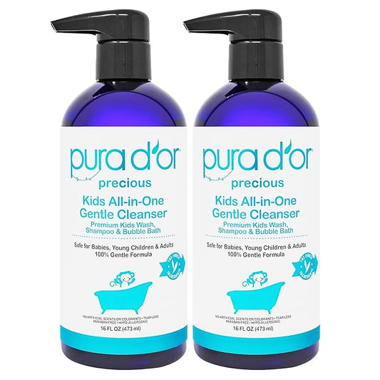 PURA D'OR Kids Wash (16oz x 2 = 32oz) All-in-One Gentle Cleanser - USDA Biobased, Sulfate-Free, Tear-Less, Hypoallergenic, Premium, Shampoo & Bubble Bath