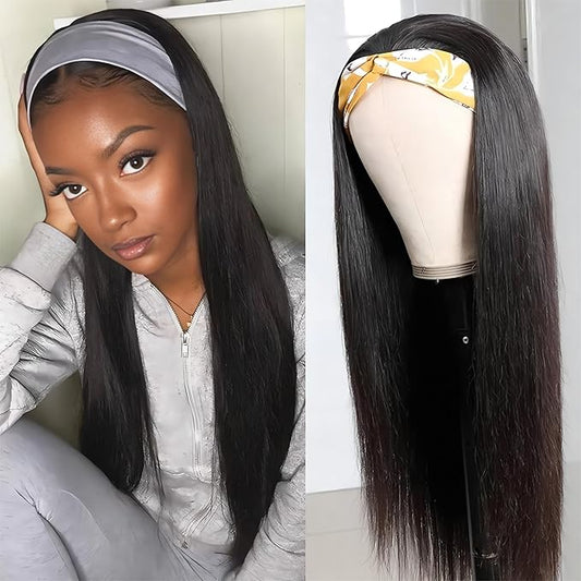 ISEE 10A Headband Wig Straight Human Hair Wigs for Black Women 180% Density Brazilian Virgin Hair Machine Made Headband Wig Non Lace Front Human Hair Wigs 16 inch