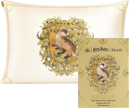 Kitsch x Harry Potter Hufflepuff Satin Pillowcase with Zipper – Double-Sided Crest Design – Better Than Silk Pillowcase – Perfect for Kids Rooms & Toddler Bed Time Pillow Case –Queen/Standard 19x26