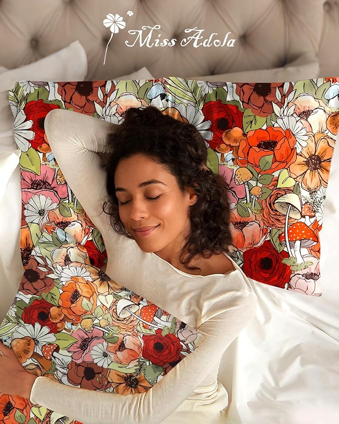 Silk Pillowcase 2 Pack - Pillow Cases 20" x 30" Queen Size Set of 2 for Hair and Skin Smooth Soft Breathable with Hidden Zipper Cooling Pillow Covers for Sleeping,Mushroom Bushes