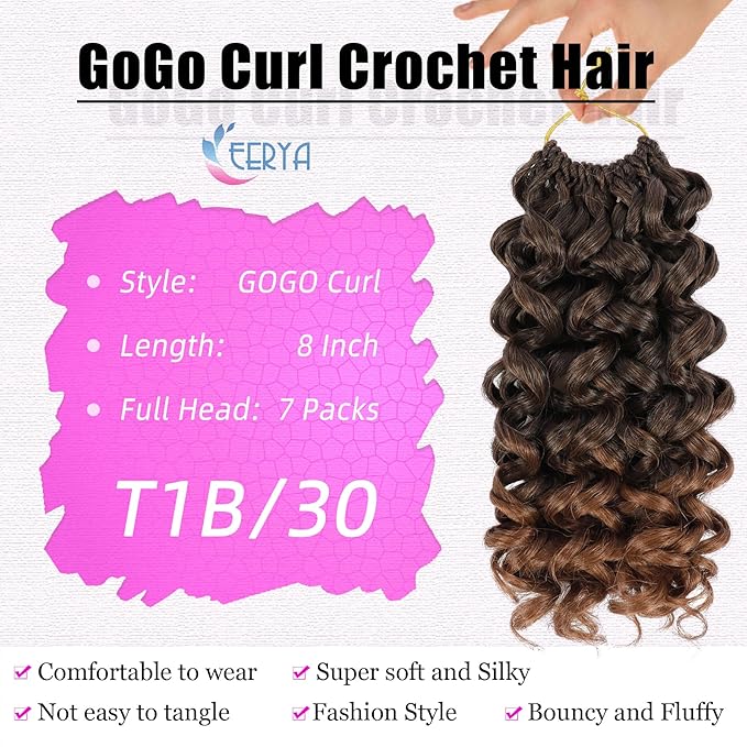 7 Packs GoGo Curl Crochet Hair 8 Inch Short Curly Crochet Hair for Women Deep Wave Beach Curl Crochet Braids Synthetic Braiding Hair Extensions(8 Inch, T30)