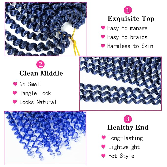 Ubeleco Short Passion Twist Hair,10 Inch Water Wave Crochet Hair Passion Twist Crochet Hair 22 Strands/Pack Ombre Blue Bohemian Synthetic Curly Braiding Hair Extensions (10 Inch (Pack of 7),1B/Blue)