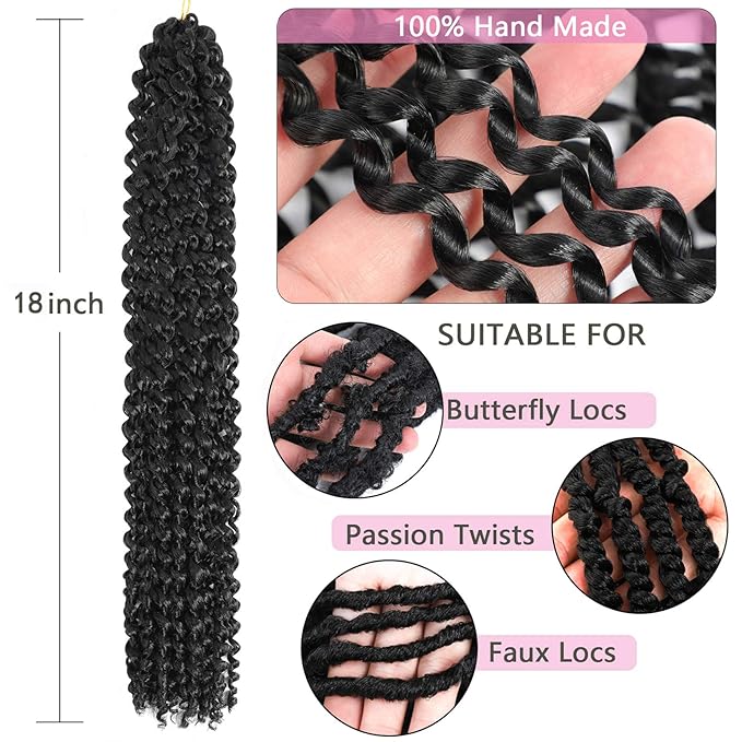 Passion Twist Hair 18 Inch 8 Packs Water Wave Crochet Hair Curly Braiding Hair Long Bohemian Spring Twist Hair For Butterfly Locs Crochet Braids Synthetic Hair Extension (18 Inch (Pack of 8), 1B#)