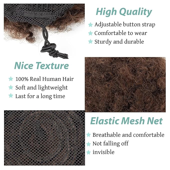 Afro Puff Clip On Human hair Drawstring Ponytail for Black Women,Short Afro Kinkys Curly Afro Bun Extension Hairpiece Ponytail Extension 8 Inch #2 Dark Brown 60g