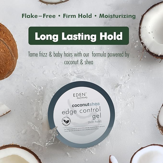 EDEN BodyWorks Coconut Shea Edge Control Gel | Strong Hold Edge Tamer for Curly Hair Styling | Flake-Free, Non-Greasy Formula | Moisturizes & Adds Shine | 6 oz