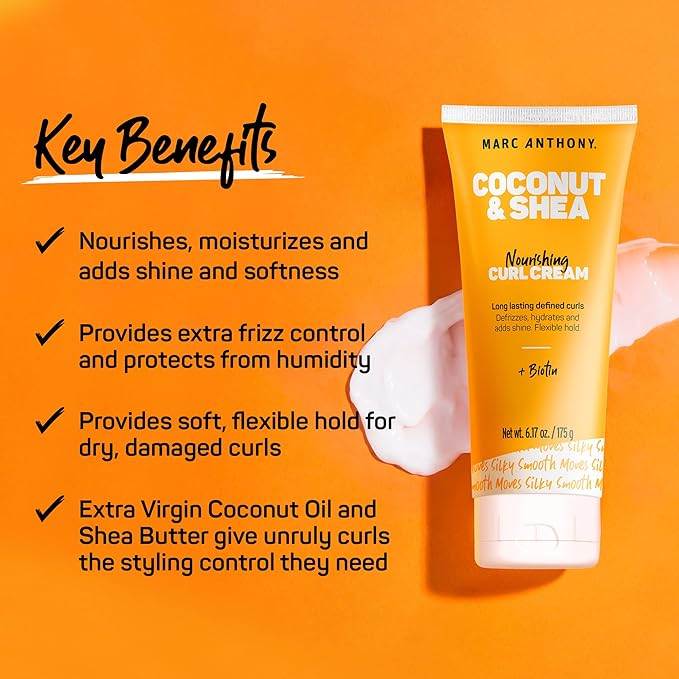 Marc Anthony Nourishing Curl Cream, Coconut Oil & Shea Butter - Anti-Frizz Biotin Detangling Cream to Enhance Curls, Defrizz, Hydrate & Adds Shine - Color Safe & Sulfate Free Styling Product