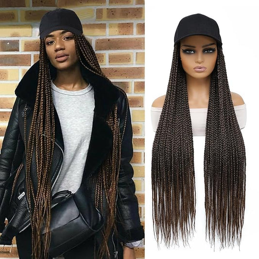 Braided Baseball Cap Wig Box Braid Hair Extensions with Hat Ombre black dark brown Cap Wig with 30inch Long Synthetic Braiding Hair for Women (30in-T30)