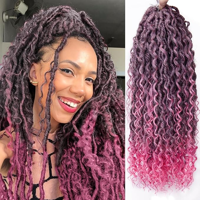 Goddess Locs Crochet Hair 18Inch Crochet Locs,Boho Faux Loc With Curly Ends Pink Crochet Hair Pre-looped River Hippie Bohemian Loc Crrochet Hair for Black Women 4Packs(1B/Pink, 18inch)