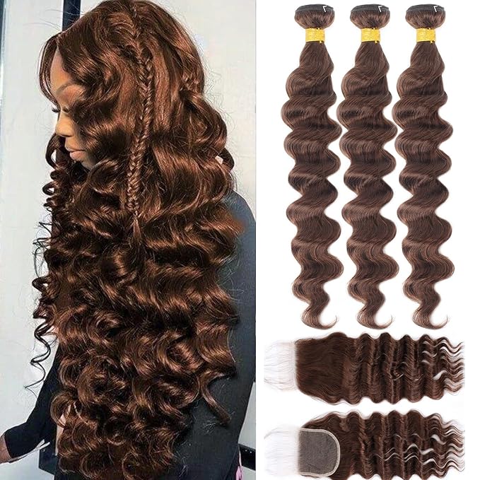 Brown Bundles with Closure Human Hair Loose Wave Human Hair Bundles with Closure (24 26 28+22）12A Brazilian Virgin Hair Light Brown Loose Deep Wave 3 Bundles with 4x4 Closure 4# Color
