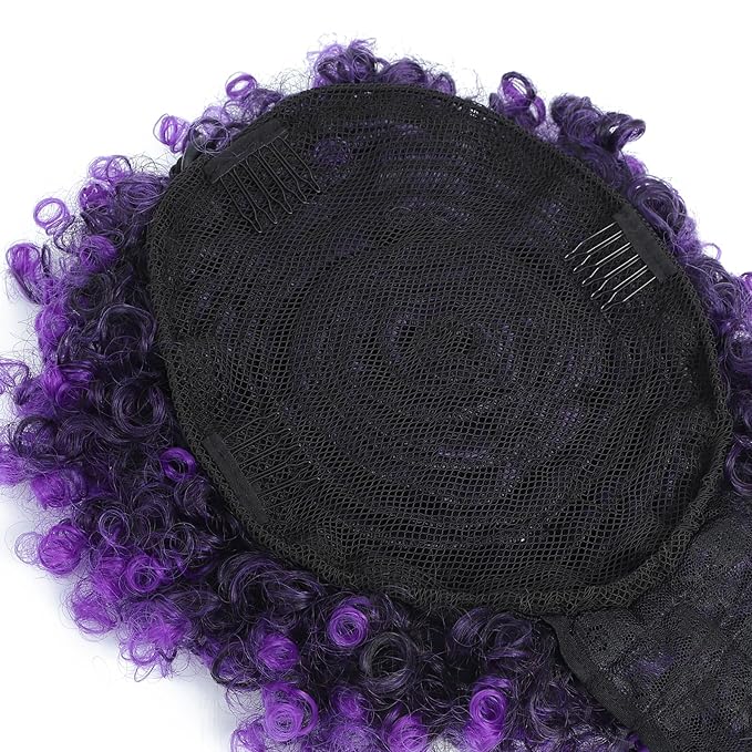 ENTRANCED STYLES Drawstring Ponytail with Bangs Afro Puff Ponytail Extensions for Women Short Curly Puff Ponytail with Bangs Clip in Wrap Updo Hairpiece(Tpurple)