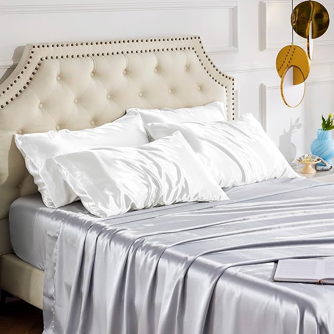 Bedsure King Size Satin Pillowcase Set of 4 - Pure White Pillow Covers for Hair and Skin 20x36 Inches with Envelope Closure, Similar to Silk Pillow Cases, Gifts for Women Men