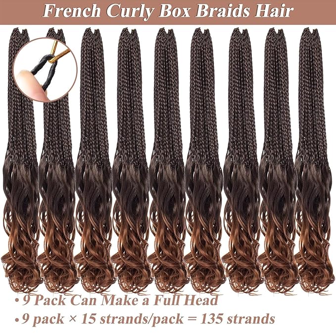 9 Packs French Curl Crochet Braids 18 Inch Ombre Brown Pre Looped Bohemian Goddess Box Braids Crochet Hair Synthetic French Curly Braiding Hair for Women